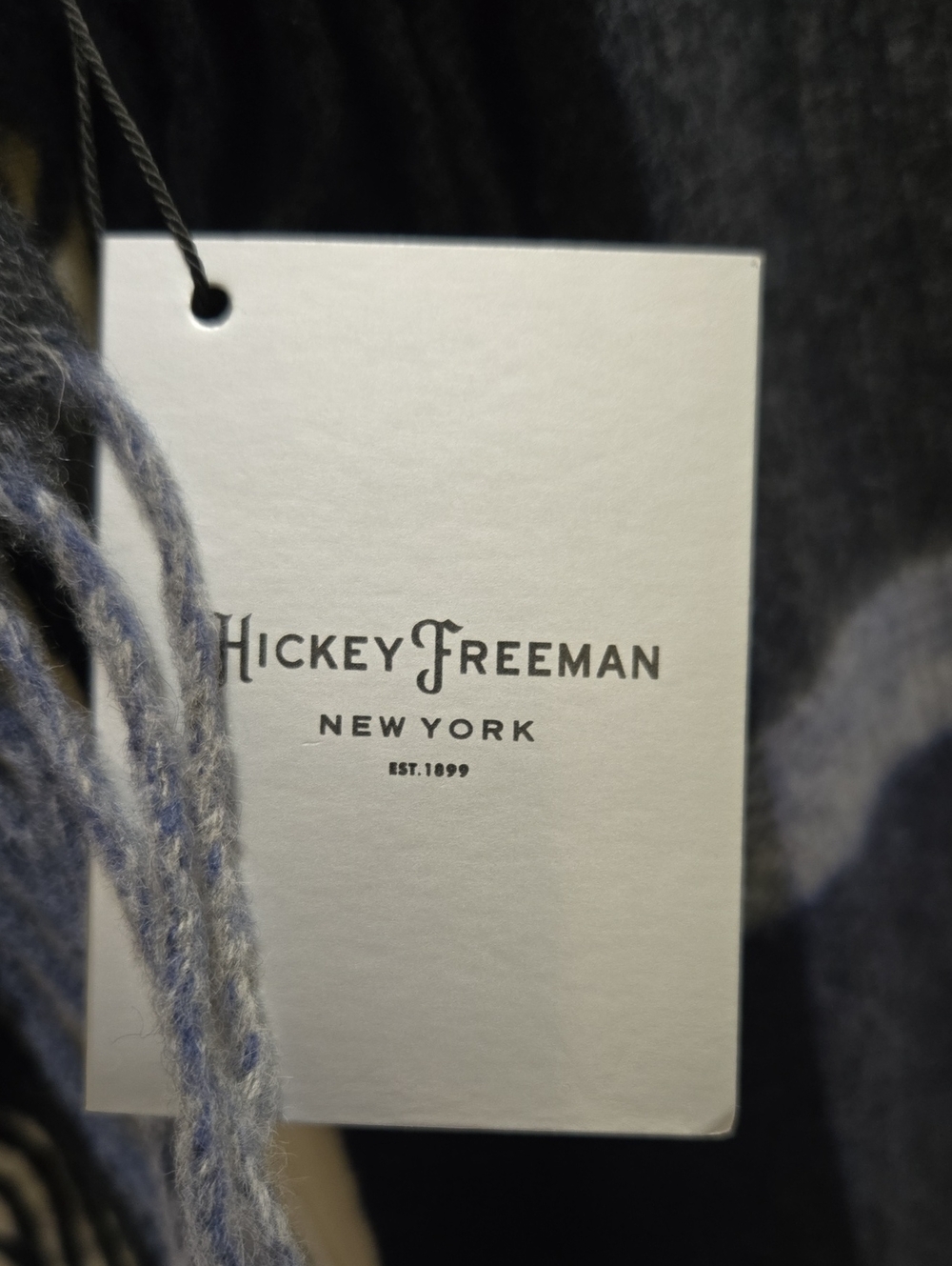 Hickey Freeman Plaid Cashmere and Wool Fringe Scarf Mens Black Gray Blue - Picture 5 of 12